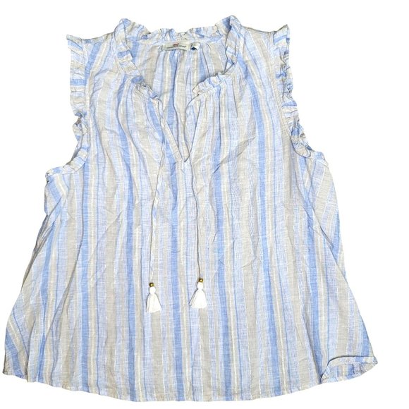 Vineyard Vines Shine Stripe Ruffle Popover Top Linen ruffle sleeve summer beach - Picture 1 of 8